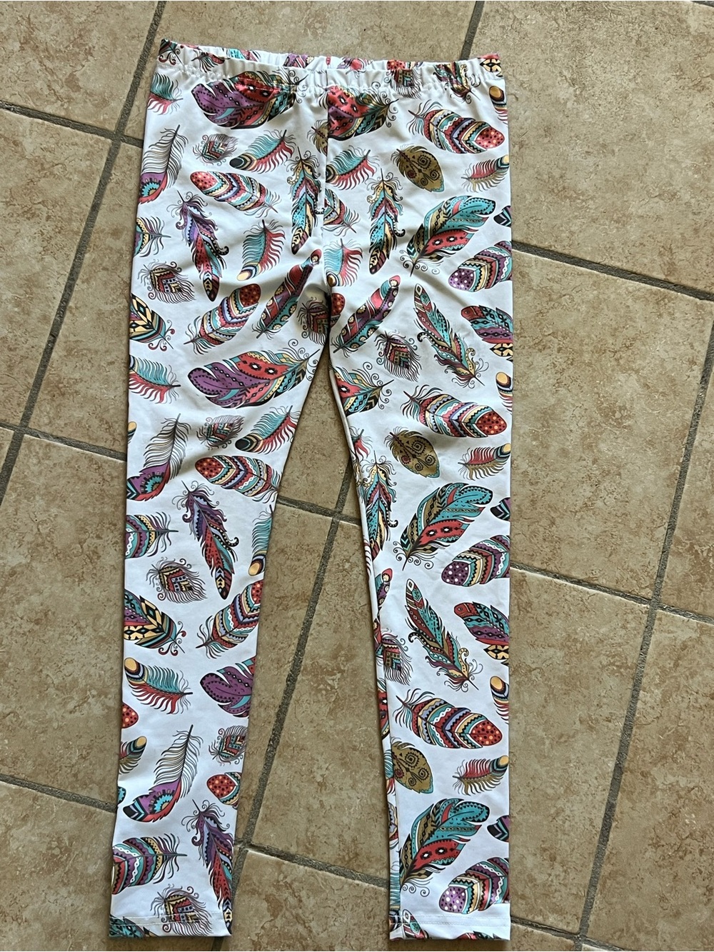 Girls' Feather Print Leggings - White Multi
